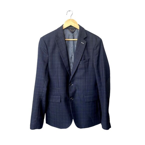 Zara Mens Blazer Size 40 Navy Blue Plaid Wool Blend Button Front - Picture 1 of 10